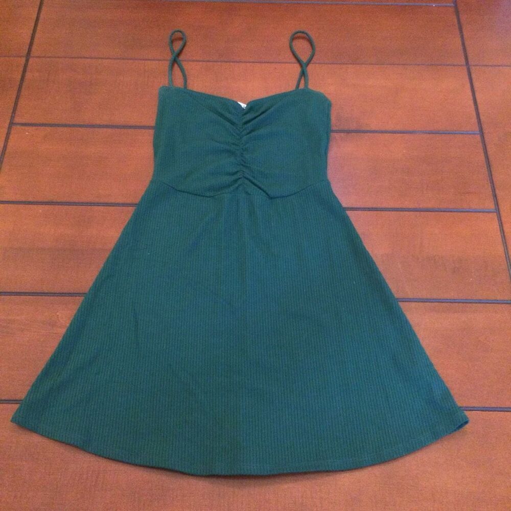 Reformation Dark Green Ruched Ribbed Mini Dress xs